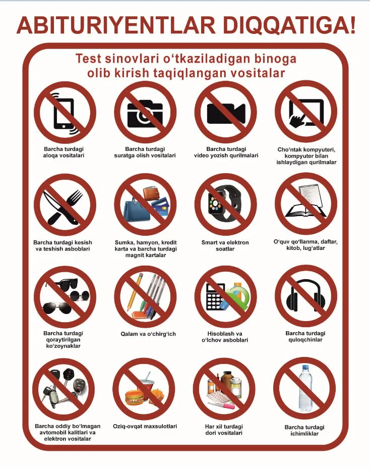
											
											Abituriyentlarga test sinovlarida nimalar taqiqlanadi?
											
											