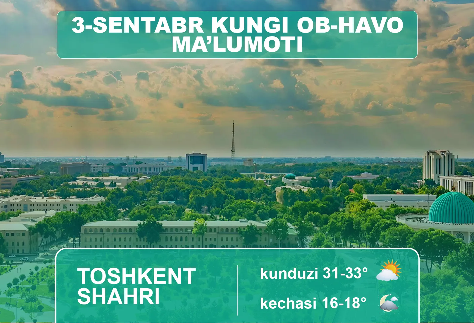 
											
											3-sentyabr kuni kutilayotgan ob-havo ma’lumoti
											
											
