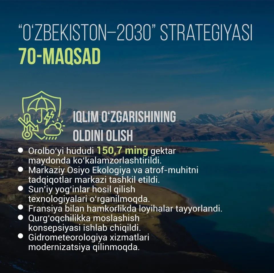 
														
														Iqlim o‘zgarishining salbiy oqibatlarini oldini olish choralari kuchaytirilmoqda
														
														