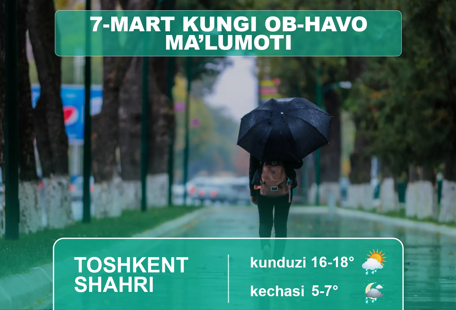 
														
														7-mart kuni uchun ob-havo ma’lumoti
														
														
